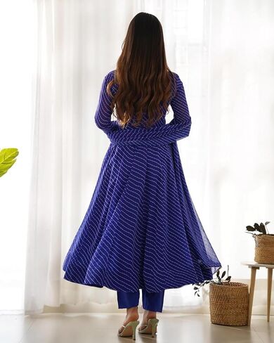7 HORSE Women Blue Weightless Striped Anarkali Kurta Set with Pants & Dupatta | 3-Piece Suit in Saudi Arabia