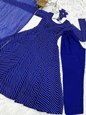 7 HORSE Women Blue Weightless Striped Anarkali Kurta Set with Pants & Dupatta | 3-Piece Suit in Saudi Arabia