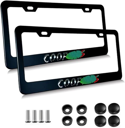 2Pcs Black License Plate Frame car Logo Emblem Compatible with Mini Cooper Aluminum Metal License Plate Covers Screw caps Cover Set (Silver Letters) in Kuwait