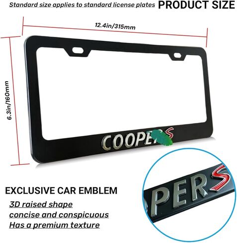2Pcs Black License Plate Frame car Logo Emblem Compatible with Mini Cooper Aluminum Metal License Plate Covers Screw caps Cover Set (Silver Letters) in Kuwait