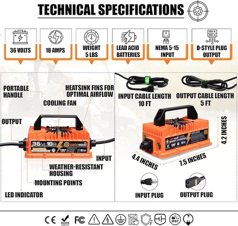 VoltRevive™ 36V 18A Lead-Acid Golf Cart Charger for EZGO TXT PowerWise D-Style Plug | Fast Charging with TrickleFlow™ | IP67 Waterproof in Kuwait