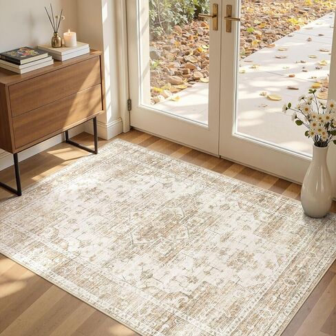 5x7 Area Rugs for Living Room, Non-Slip Washable Soft Vintage Rug for Bedroom Dining Room, Low Pile Stain Resistant Large Carpet for Home Office Nursery Kid & Pet Friendly - Beige in Saudi Arabia