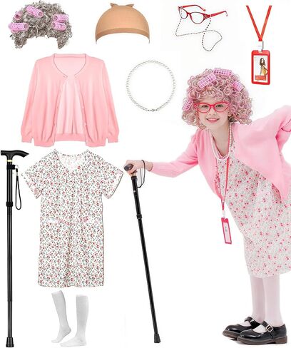 Kids 100 Days of School Costume for Girls, Old Lady Costume wig cardigan sweater and Granny Grandma Set for Child in Kuwait