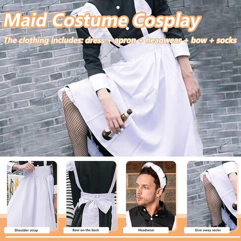 Maid Costume Maid Outfit for Men, Victorian Uniform with Headwear & Stocks, Cosplay Costume for Anime Party, Role Playing in Saudi Arabia