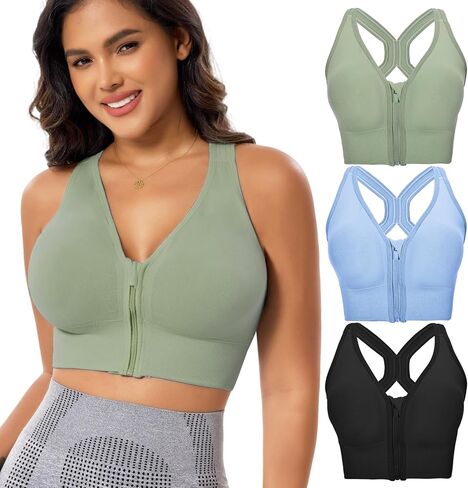 3-Pack Front Closure Bras for Women Set Zip Zipper Padded Mastectomy Sleep Bras Breathable Post Surgery Bra in Saudi Arabia