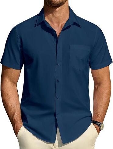 DEMEANOR Mens Short Sleeve Dress Shirts Cotton Solid Casual Summer Wedding Button Down Shirt with Pocket in Kuwait