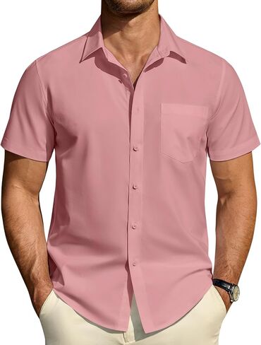 DEMEANOR Mens Short Sleeve Dress Shirts Cotton Solid Casual Summer Wedding Button Down Shirt with Pocket in Saudi Arabia