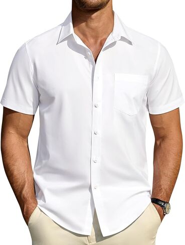 DEMEANOR Mens Short Sleeve Dress Shirts Cotton Solid Casual Summer Wedding Button Down Shirt with Pocket in Saudi Arabia
