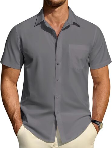 DEMEANOR Mens Short Sleeve Dress Shirts Cotton Solid Casual Summer Wedding Button Down Shirt with Pocket in Saudi Arabia