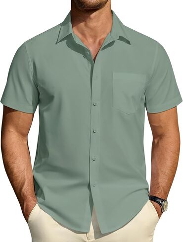 DEMEANOR Mens Short Sleeve Dress Shirts Cotton Solid Casual Summer Wedding Button Down Shirt with Pocket in Saudi Arabia