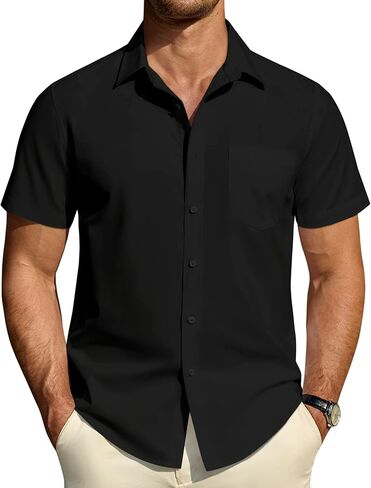 DEMEANOR Mens Short Sleeve Dress Shirts Cotton Solid Casual Summer Wedding Button Down Shirt with Pocket in Saudi Arabia