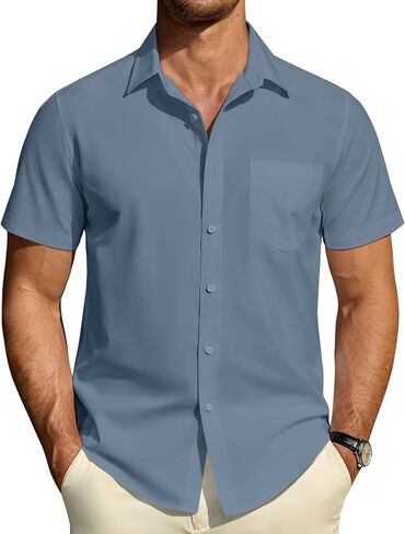DEMEANOR Mens Short Sleeve Dress Shirts Cotton Solid Casual Summer Wedding Button Down Shirt with Pocket in Saudi Arabia