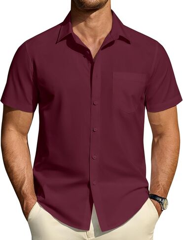 DEMEANOR Mens Short Sleeve Dress Shirts Cotton Solid Casual Summer Wedding Button Down Shirt with Pocket in Saudi Arabia