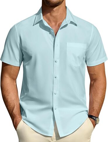 DEMEANOR Mens Short Sleeve Dress Shirts Cotton Solid Casual Summer Wedding Button Down Shirt with Pocket in Saudi Arabia