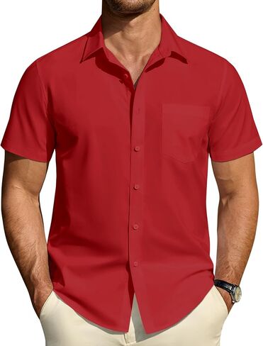 DEMEANOR Mens Short Sleeve Dress Shirts Cotton Solid Casual Summer Wedding Button Down Shirt with Pocket in Saudi Arabia