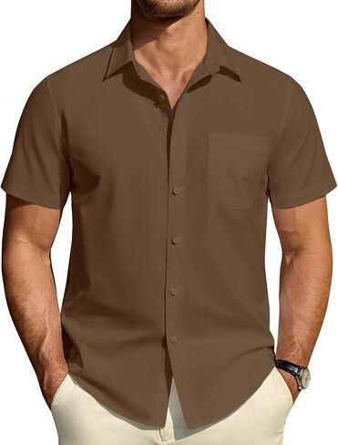 DEMEANOR Mens Short Sleeve Dress Shirts Cotton Solid Casual Summer Wedding Button Down Shirt with Pocket in Saudi Arabia