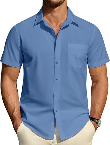 DEMEANOR Mens Short Sleeve Dress Shirts Cotton Solid Casual Summer Wedding Button Down Shirt with Pocket in Saudi Arabia