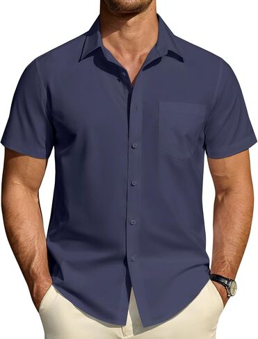 DEMEANOR Mens Short Sleeve Dress Shirts Cotton Solid Casual Summer Wedding Button Down Shirt with Pocket in Saudi Arabia