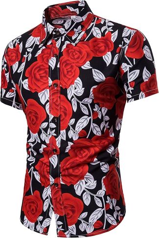 قميص رجالي صيفي بطبعة زهرة الورد بقصة ضيقة وأزرار سفلية in Kuwait