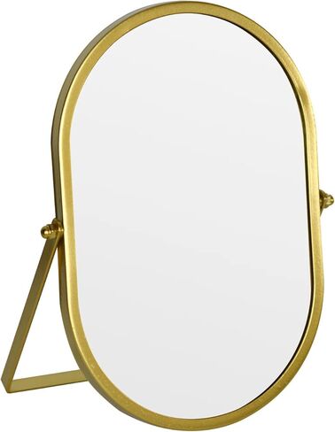 مرآة زينة بيضاوية مع حامل، إطار معدني ذهبي، مرآة مكياج على سطح الطاولة (ذهبي، 5.9 × 8.9 بوصة) in Kuwait