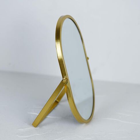 مرآة زينة بيضاوية مع حامل، إطار معدني ذهبي، مرآة مكياج على سطح الطاولة (ذهبي، 5.9 × 8.9 بوصة) in Kuwait