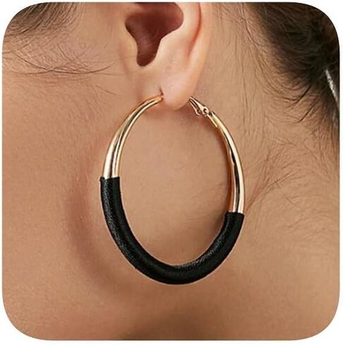 Fashion Hoop Earrings, Gold-Tone with Black Leather Wrapped Design, Large Statement Hoops for Women, Lightweight Elegant Jewelry in Saudi Arabia