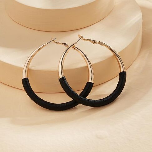 Fashion Hoop Earrings, Gold-Tone with Black Leather Wrapped Design, Large Statement Hoops for Women, Lightweight Elegant Jewelry in Saudi Arabia