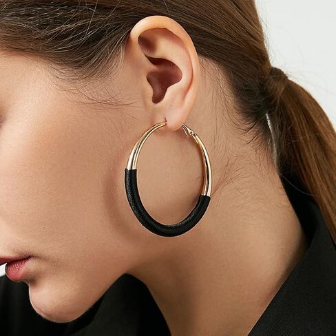 Fashion Hoop Earrings, Gold-Tone with Black Leather Wrapped Design, Large Statement Hoops for Women, Lightweight Elegant Jewelry in Saudi Arabia