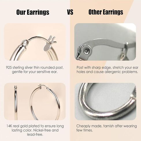 S925 Sterling Silver Hoop Earrings 14K Gold Plated Hoops 3mm Chunky Large Big Hoop Earrings Lightweight Earrings for Women 15/20/30/40/50/60/70mm in Saudi Arabia