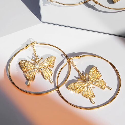 Diamond Butterfly Large Hoop Earrings for Women Party Sparkly Statement Earrings Gold Monarch Butterfly Dangle Earrings for Mom and Wife in Kuwait