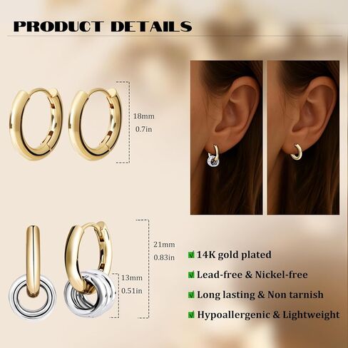 أقراط دائرية من الفضة الإسترلينية ومطلية بالذهب عيار 18 قيراط للنساء، مجموعة مجوهرات قابلة للفصل وقابلة للتكديس مع 3 خواتم فضية قابلة للتبديل in Kuwait