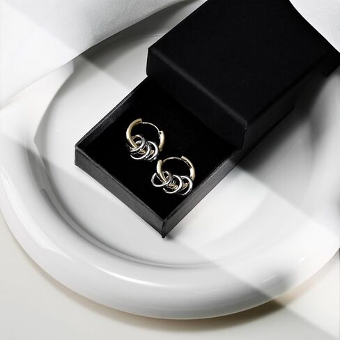 أقراط دائرية من الفضة الإسترلينية ومطلية بالذهب عيار 18 قيراط للنساء، مجموعة مجوهرات قابلة للفصل وقابلة للتكديس مع 3 خواتم فضية قابلة للتبديل in Kuwait