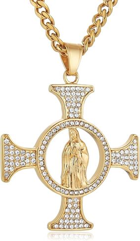 AsAlways 18K Gold Plated Large Virgin Mary Cross Necklace for Men Vintage Inlay Cubic Zirconia Protective Amulet Pendant Jewelry Gift in Saudi Arabia