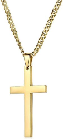 14K Gold Cuban link Chain BIG Cross Flat Pendant Necklace Solid Clasp for Men. PLated Thin for Charms Miami Cuban Link Diamond Cut Fashion jewelry in Kuwait