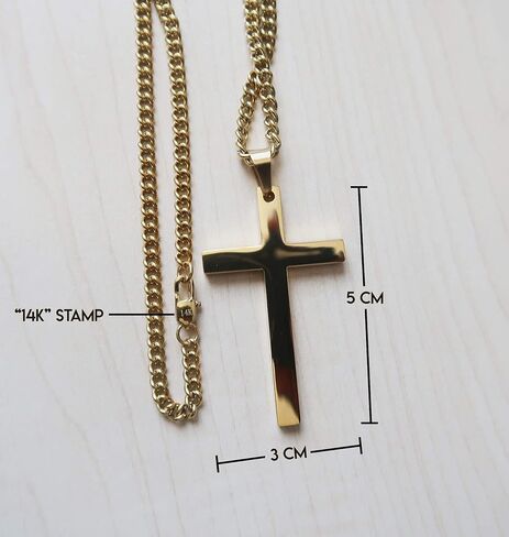 14K Gold Cuban link Chain BIG Cross Flat Pendant Necklace Solid Clasp for Men. PLated Thin for Charms Miami Cuban Link Diamond Cut Fashion jewelry in Kuwait