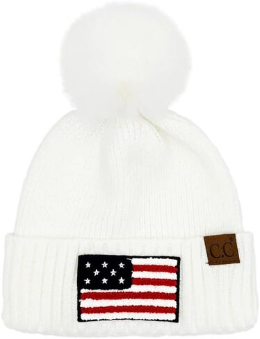 ScarvesMe Women Winter Soft USA American Flag Chenille Beanie Hat with Fur Pom in Kuwait
