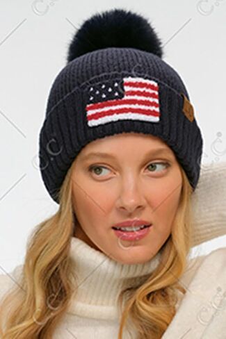 ScarvesMe Women Winter Soft USA American Flag Chenille Beanie Hat with Fur Pom in Kuwait