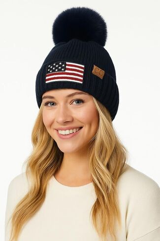 ScarvesMe Women Winter Soft USA American Flag Chenille Beanie Hat with Fur Pom in Kuwait