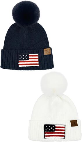ScarvesMe Women Winter Soft USA American Flag Chenille Beanie Hat with Fur Pom in Kuwait