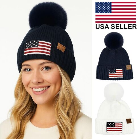 ScarvesMe Women Winter Soft USA American Flag Chenille Beanie Hat with Fur Pom in Kuwait