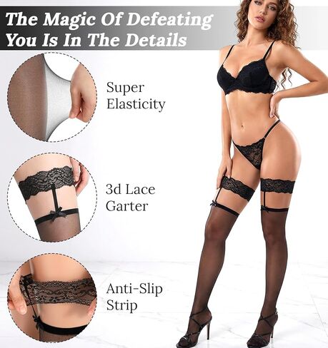 Lace Thigh High Stockings, Stockings for Women Sexy with Silicone Band & Lace Suspenders, Sheer Sheer Black Thighs High Stocking for Women in Kuwait