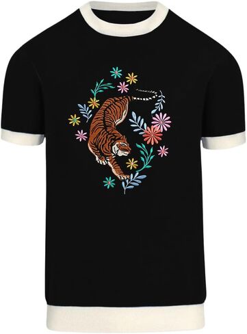 OXKNIT Men's Knit T-Shirt Short Sleeve, 1960s Mod Style Retro Tiger Pattern Black Shirt Crewneck Tops Summer in Kuwait