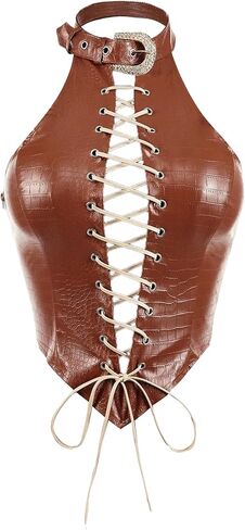 SweatyRocks Women's Western PU Leather Halter Corset Top Criss Cross Deep V Neck Tie Front Crop Tops Concert Outfits in Saudi Arabia