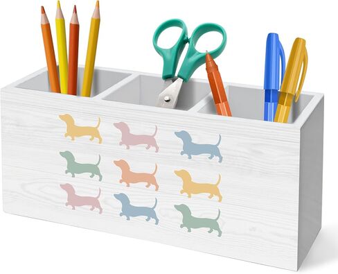Colorful Dachshund Pen Holder for Desk Decoration, Weiner Dog Gifts for Women Men Wooden Box Sign Pencil Holder Organizer for Home Office Desk Accessories, Gifts for Dachshund Lovers in Kuwait