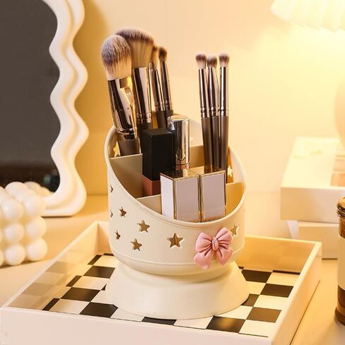 Tofficu Makeup Brush Holder Organizer Adorable Bow Design Multifunctional Desktop Storage Box for Makeup and Stationery Capacity Grid Compartments for Vanity and Desk Use in Saudi Arabia