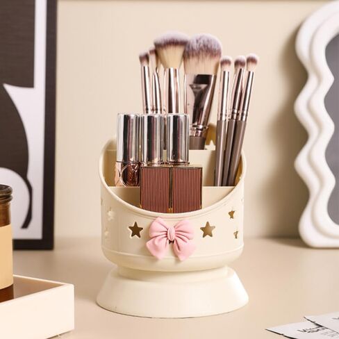 Tofficu Makeup Brush Holder Organizer Adorable Bow Design Multifunctional Desktop Storage Box for Makeup and Stationery Capacity Grid Compartments for Vanity and Desk Use in Saudi Arabia