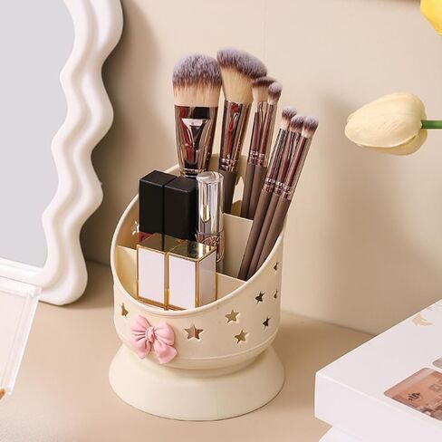 Tofficu Makeup Brush Holder Organizer Adorable Bow Design Multifunctional Desktop Storage Box for Makeup and Stationery Capacity Grid Compartments for Vanity and Desk Use in Saudi Arabia