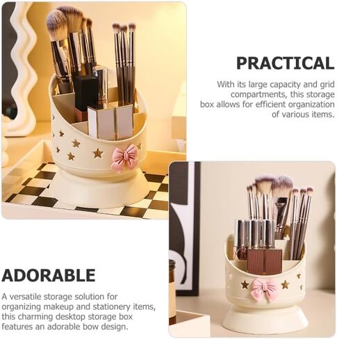 Tofficu Makeup Brush Holder Organizer Adorable Bow Design Multifunctional Desktop Storage Box for Makeup and Stationery Capacity Grid Compartments for Vanity and Desk Use in Saudi Arabia