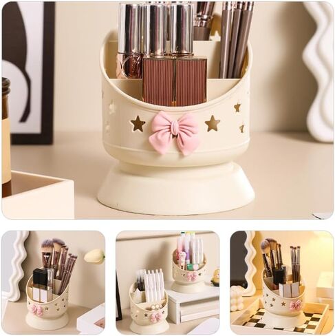 Tofficu Makeup Brush Holder Organizer Adorable Bow Design Multifunctional Desktop Storage Box for Makeup and Stationery Capacity Grid Compartments for Vanity and Desk Use in Saudi Arabia
