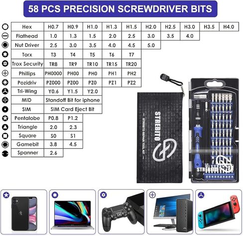 STREBITO Precision Screwdriver Set, 79 in 1 Screwdriver Kit with 58 Bits & Anti Static Wrist Strap, Magnetic Driver Electronics Repair Tool Kit for Computer, iPhone, Laptop, Cell Phone, Macbook, PS4/5 in Kuwait